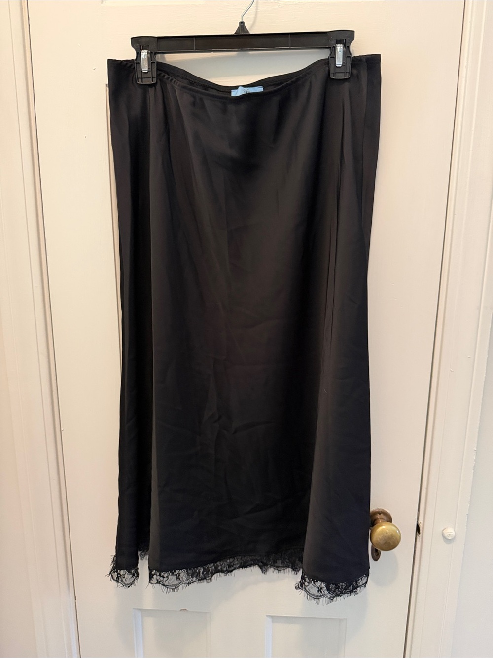 CeCe Black Silk Midi Skirt with Lace Trim